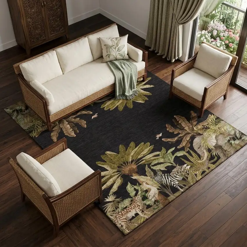 Midnight Brown And Olive Green Tropical Botanical Distressed Washable Area Rug With UV Protection Photo 1