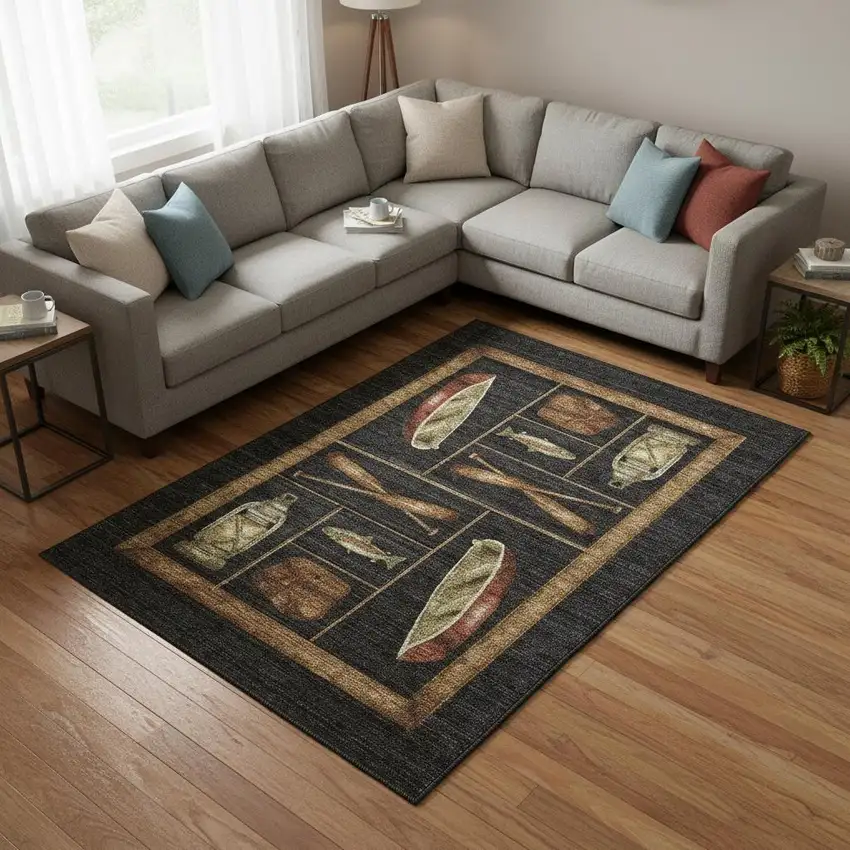 Midnight Brown And Rust Nautical Washable Area Rug With UV Protection Photo 1