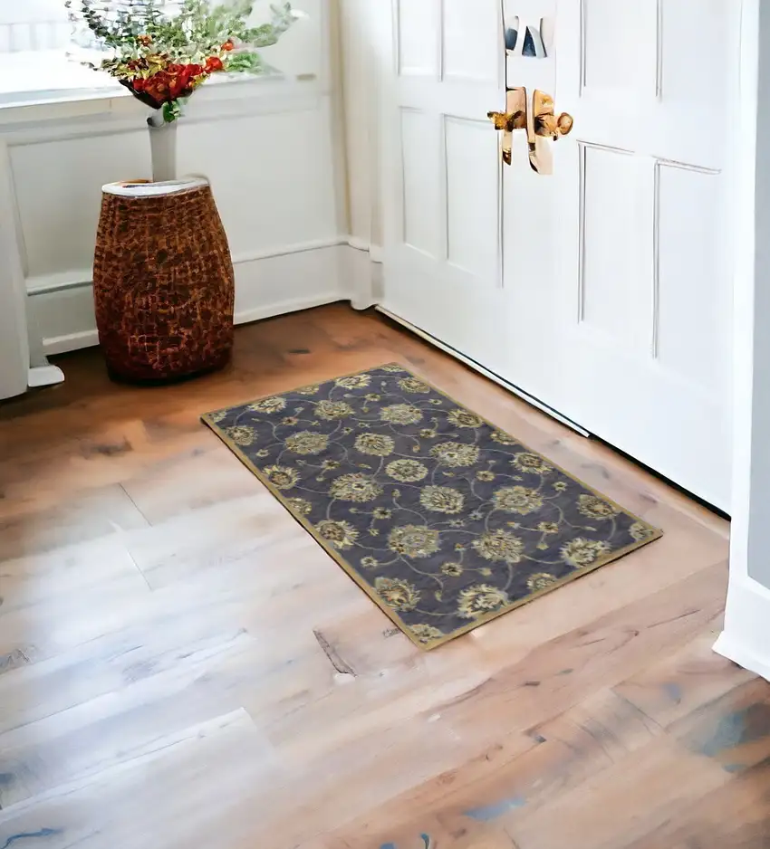 Midnight Floral Vines Wool Area Rug Photo 1