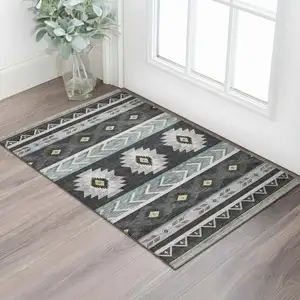 Photo of Midnight Gold And Ivory Geometric Washable Area Rug With UV Protection