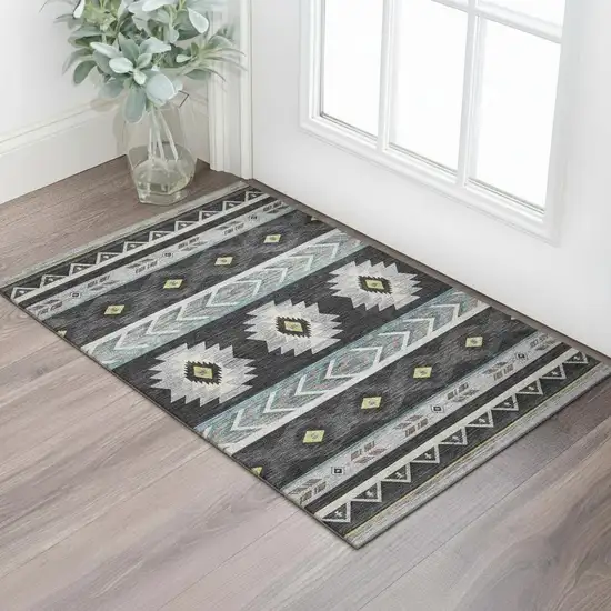 Midnight Gold And Ivory Geometric Washable Area Rug With UV Protection Photo 1