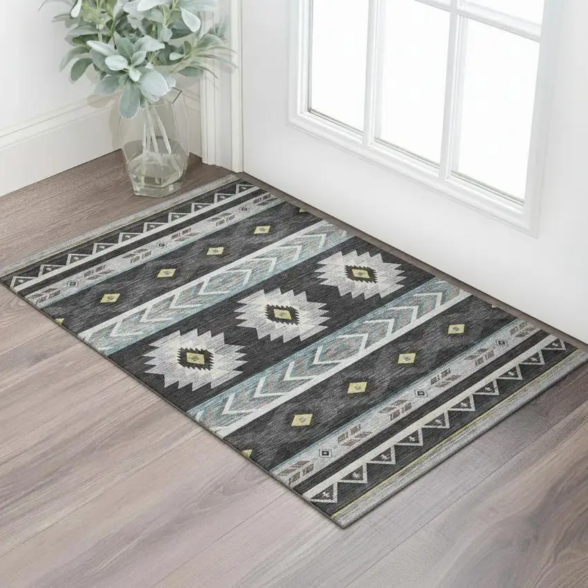 Midnight Gold And Ivory Geometric Washable Area Rug With UV Protection Photo 1