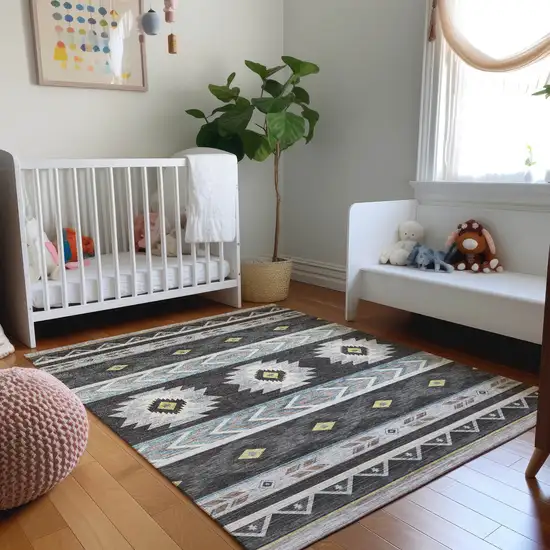 Midnight Gold And Ivory Geometric Washable Area Rug With UV Protection Photo 4