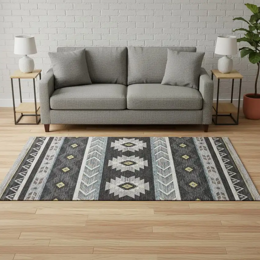 Midnight Gold And Ivory Geometric Washable Area Rug With UV Protection Photo 1