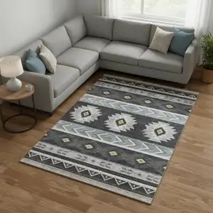 Photo of Midnight Gold And Ivory Geometric Washable Area Rug With UV Protection