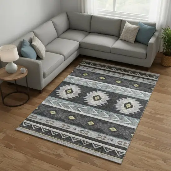 Midnight Gold And Ivory Geometric Washable Area Rug With UV Protection Photo 1