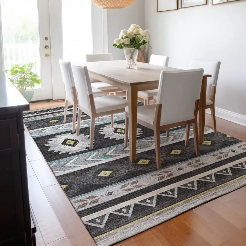 Midnight Gold And Ivory Geometric Washable Area Rug With UV Protection Photo 6