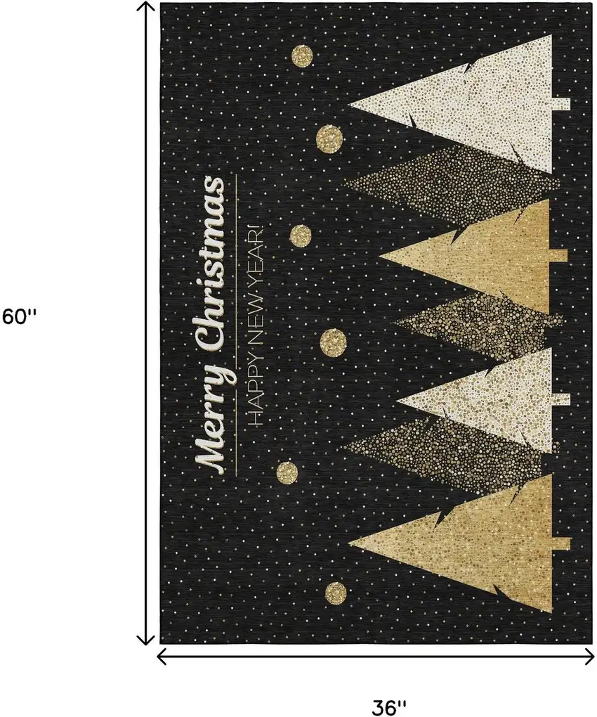 Black Gold And Ivory Christmas Tree Washable Area Rug With UV Protection Photo 3
