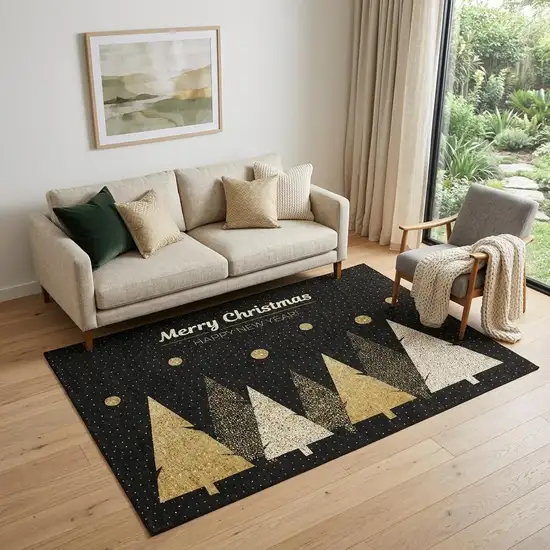 Black Gold And Ivory Christmas Tree Washable Area Rug With UV Protection Photo 1