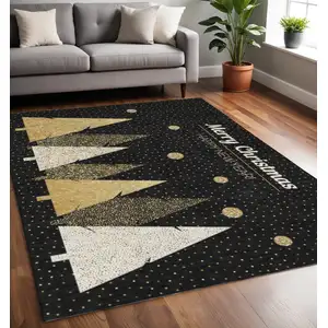 Photo of Midnight Gold And Ivory Polka Dot Washable Area Rug With UV Protection