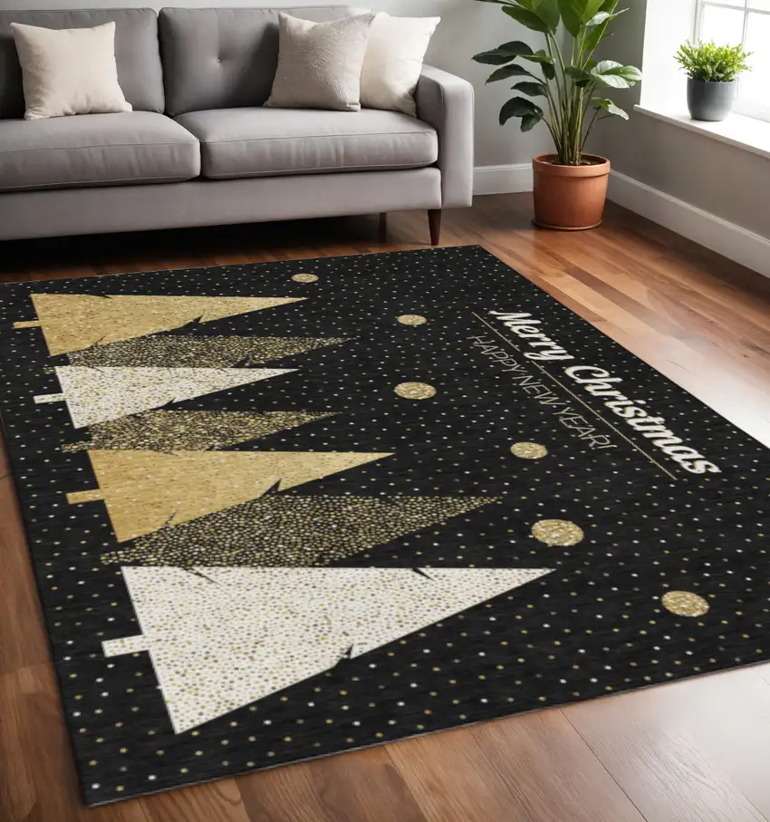 Midnight Gold And Ivory Polka Dot Washable Area Rug With UV Protection Photo 1