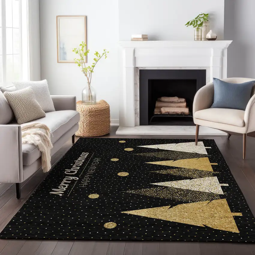 Black Gold And Ivory Christmas Tree Washable Area Rug With UV Protection Photo 7