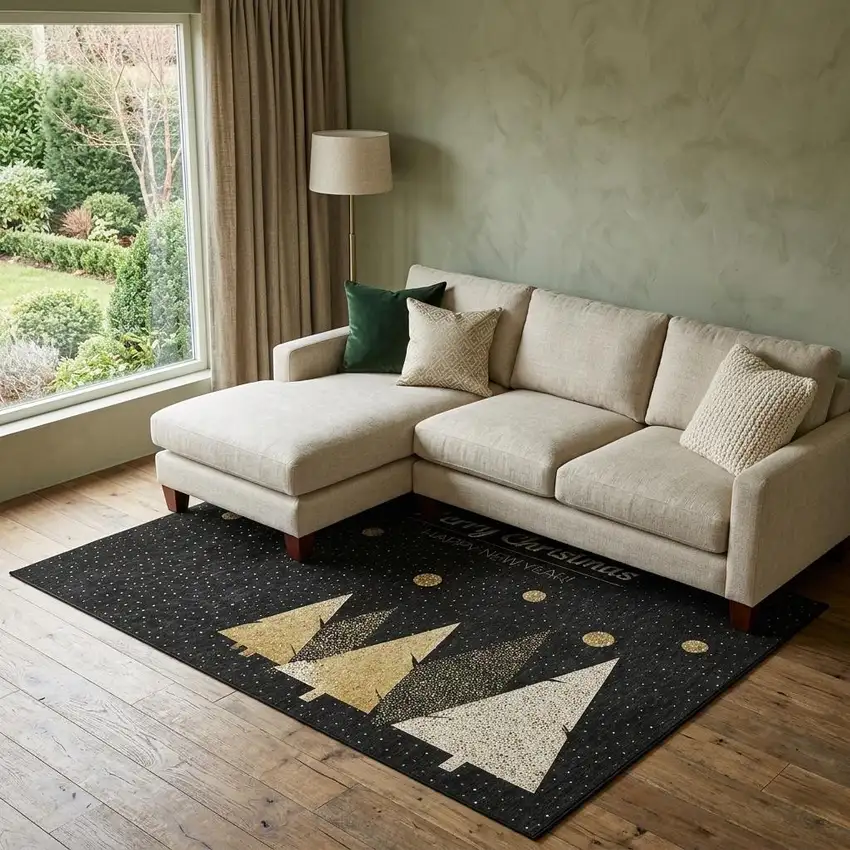Black Gold And Ivory Christmas Tree Washable Area Rug With UV Protection Photo 1