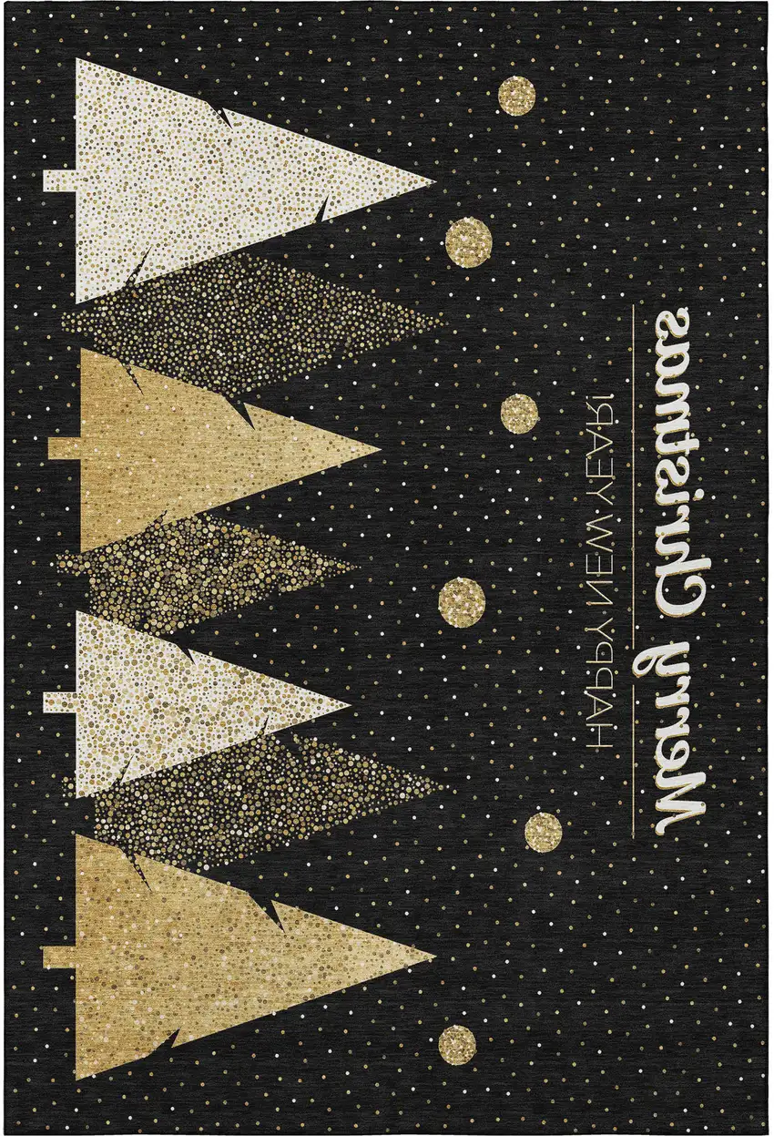 Black Gold And Ivory Christmas Tree Washable Area Rug With UV Protection Photo 5