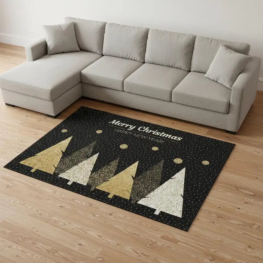 Midnight Gold And Ivory Polka Dot Washable Area Rug With UV Protection Photo 1