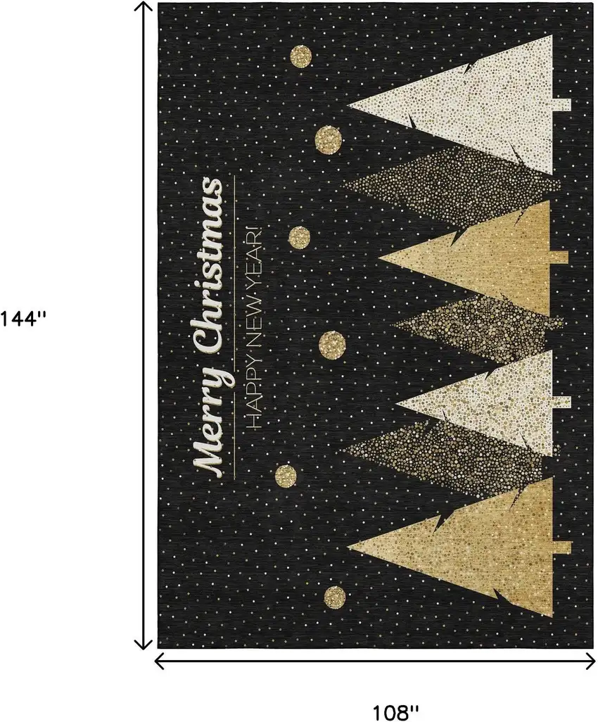 Black Gold And Ivory Christmas Tree Washable Area Rug With UV Protection Photo 3