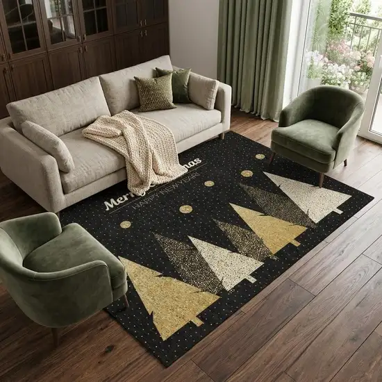 Black Gold And Ivory Christmas Tree Washable Area Rug With UV Protection Photo 1