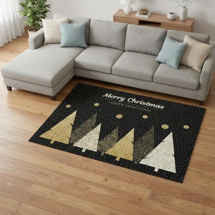 Midnight Gold And Ivory Polka Dot Washable Area Rug With UV Protection Photo 3