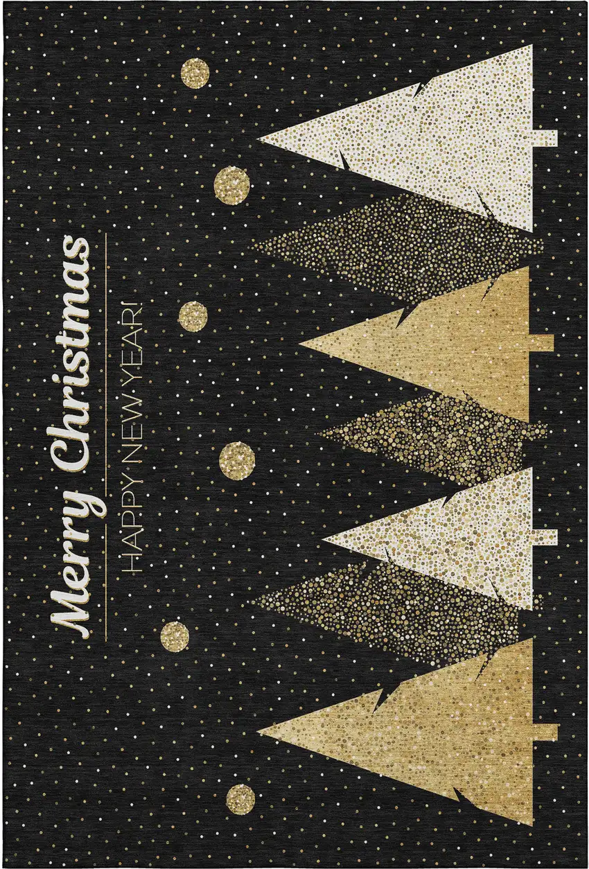Black Gold And Ivory Christmas Tree Washable Area Rug With UV Protection Photo 2