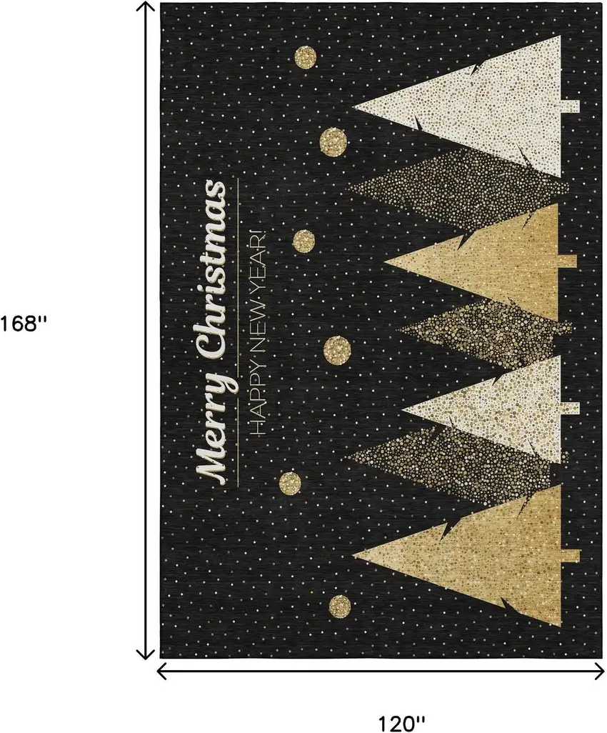 Black Gold And Ivory Christmas Tree Washable Area Rug With UV Protection Photo 3