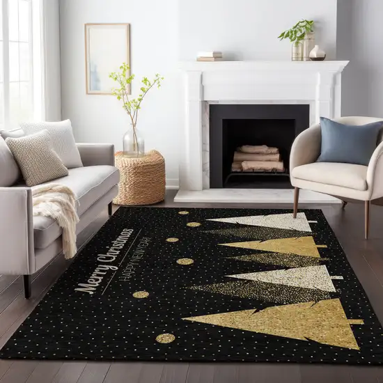 Black Gold And Ivory Christmas Tree Washable Area Rug With UV Protection Photo 5