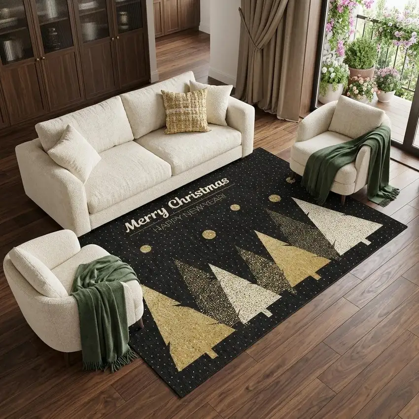 Black Gold And Ivory Christmas Tree Washable Area Rug With UV Protection Photo 1