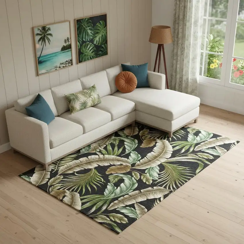 Midnight Green And Brown Geometric Washable Area Rug With UV Protection Photo 1