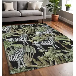 Photo of Midnight Green And Brown Geometric Washable Area Rug With UV Protection