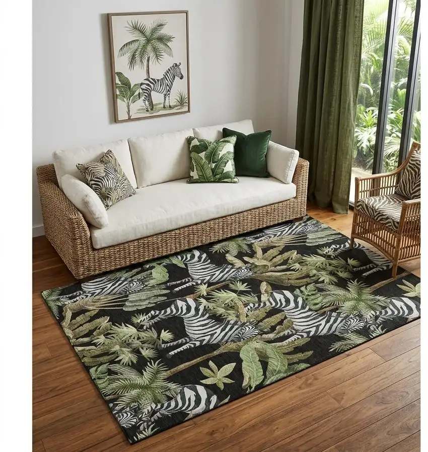 Midnight Green And Brown Geometric Washable Area Rug With UV Protection Photo 1