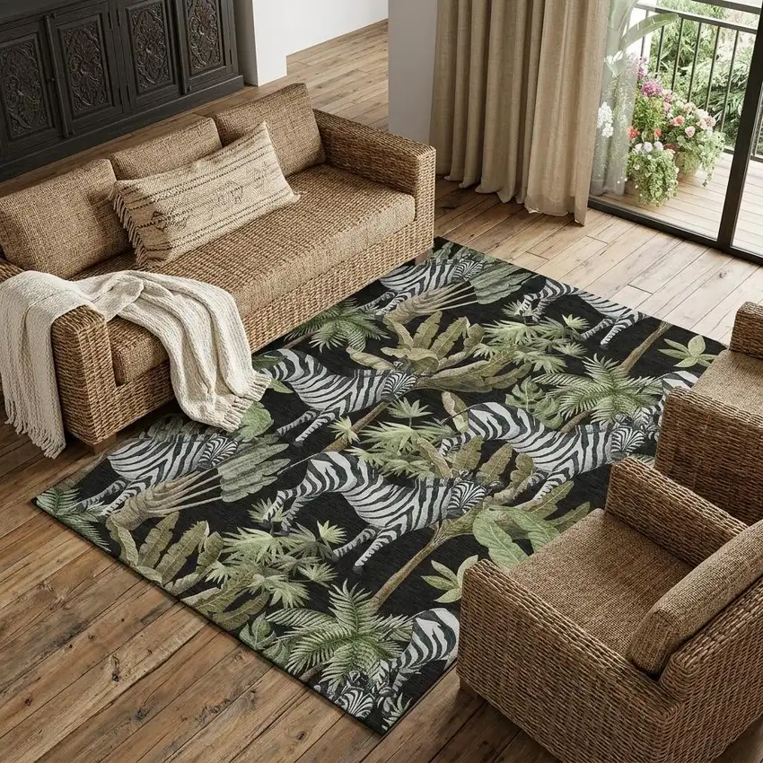 Midnight Green And Brown Geometric Washable Area Rug With UV Protection Photo 1