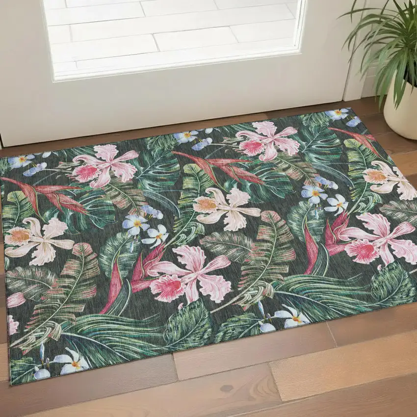 Midnight Green And Pink Geometric Washable Area Rug With UV Protection Photo 1