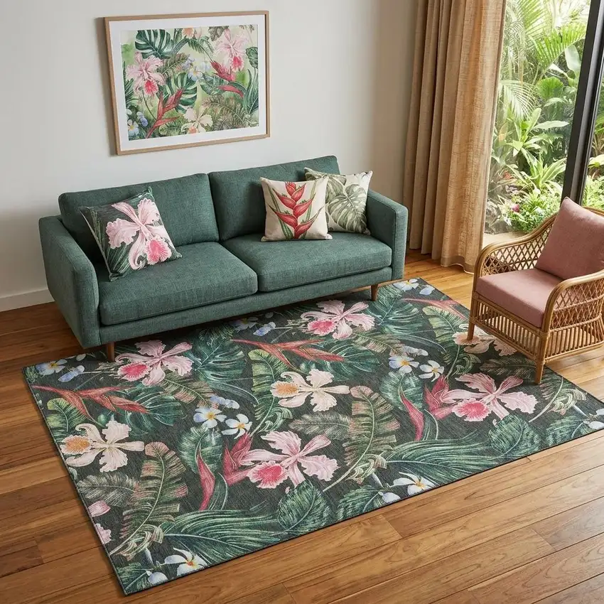 Midnight Green And Pink Geometric Washable Area Rug With UV Protection Photo 1