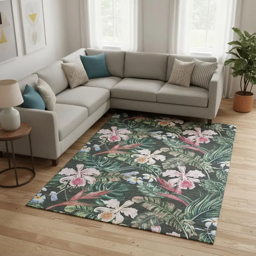 Midnight Green And Pink Geometric Washable Area Rug With UV Protection Photo 1