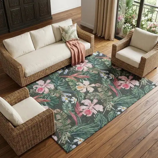 Midnight Green And Pink Geometric Washable Area Rug With UV Protection Photo 1