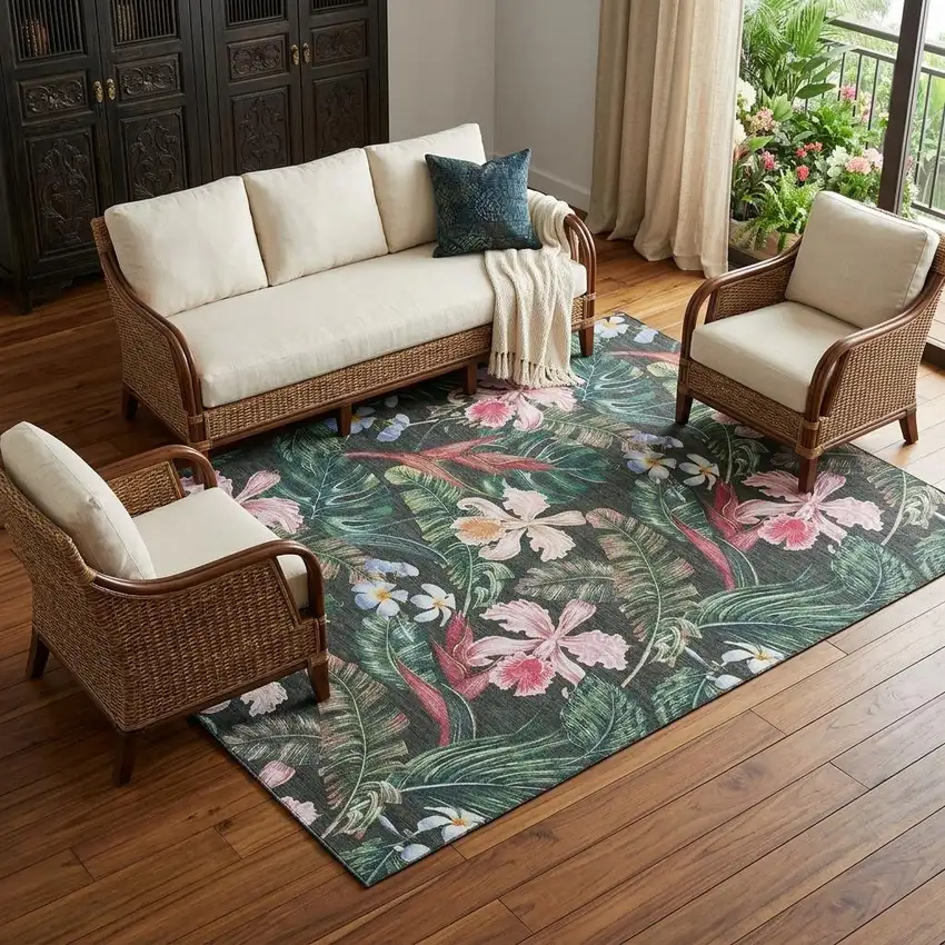 Midnight Green And Pink Geometric Washable Area Rug With UV Protection Photo 1