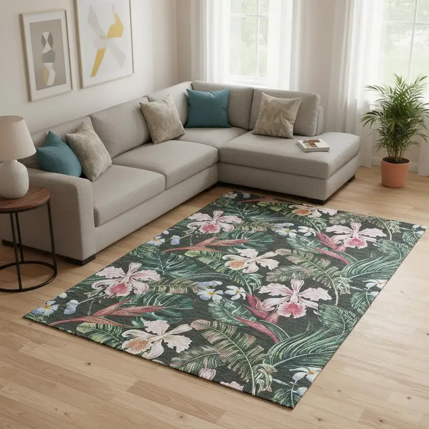 Midnight Green And Pink Geometric Washable Area Rug With UV Protection Photo 1