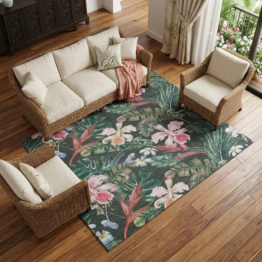 Midnight Green And Pink Geometric Washable Area Rug With UV Protection Photo 1