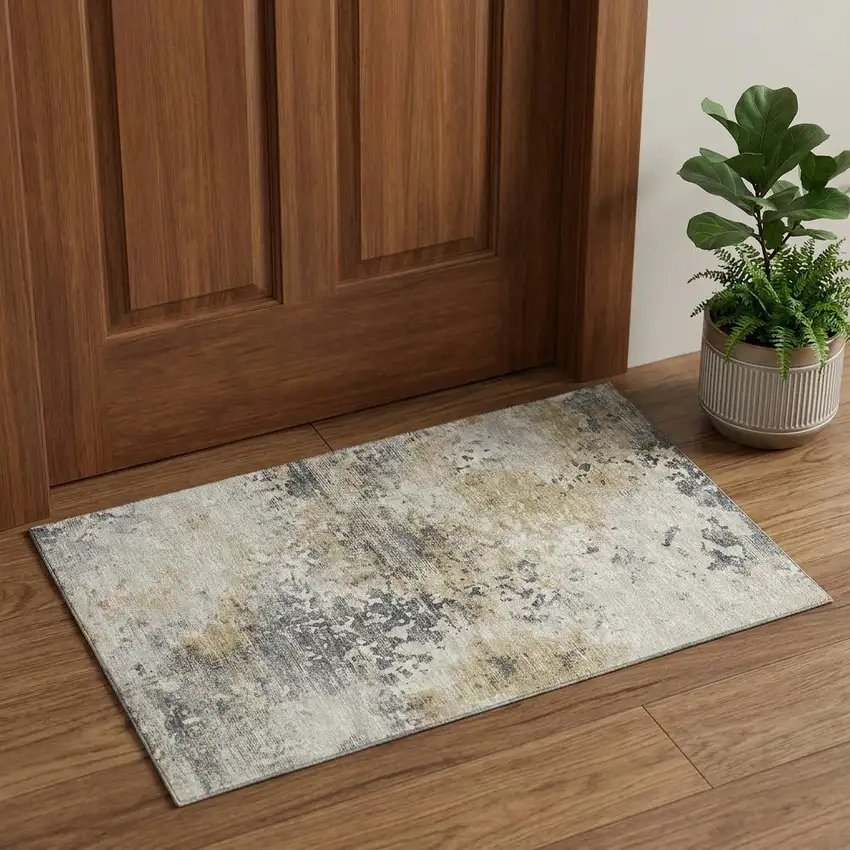 Midnight Ivory And Beige Abstract Washable Area Rug With UV Protection Photo 1