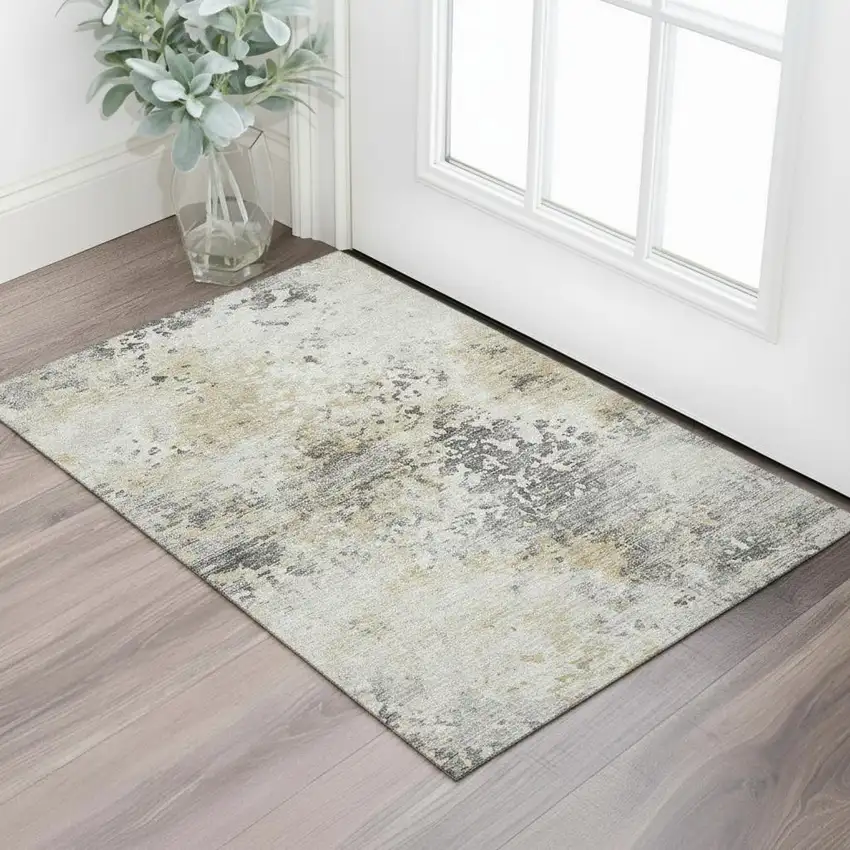 Midnight Ivory And Beige Abstract Washable Area Rug With UV Protection Photo 1