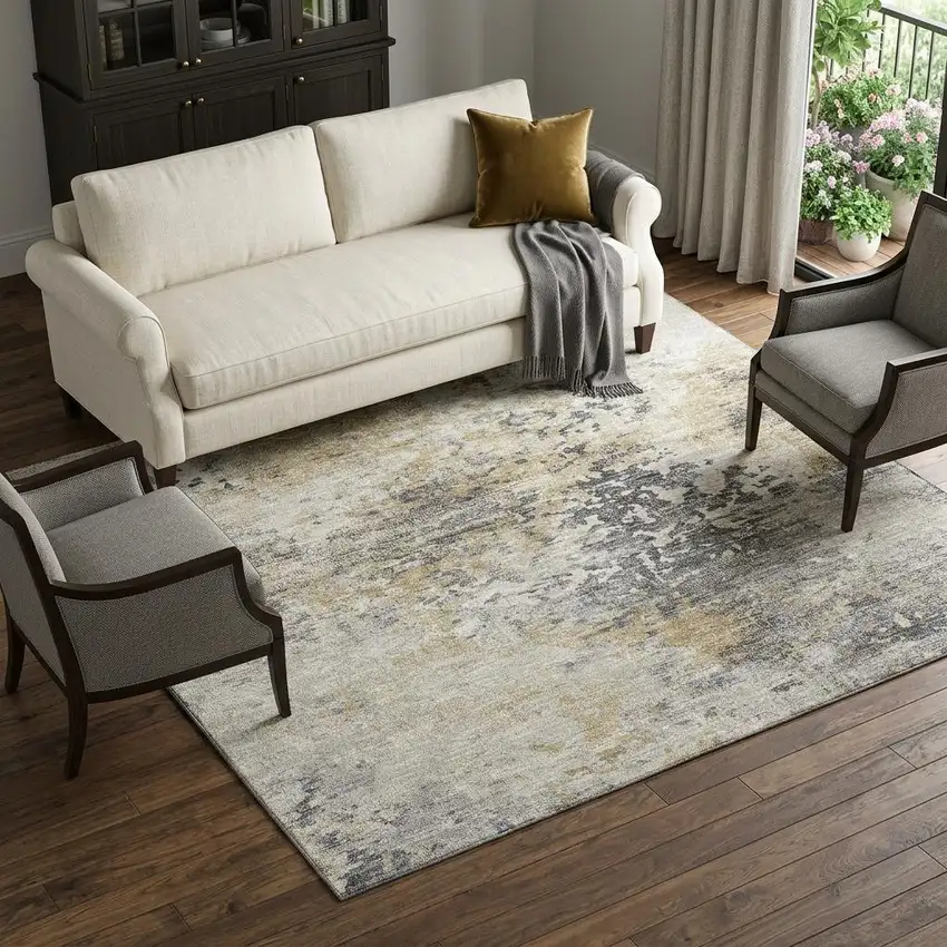 Midnight Ivory And Beige Abstract Washable Area Rug With UV Protection Photo 1