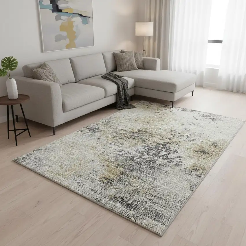 Midnight Ivory And Beige Abstract Washable Area Rug With UV Protection Photo 1