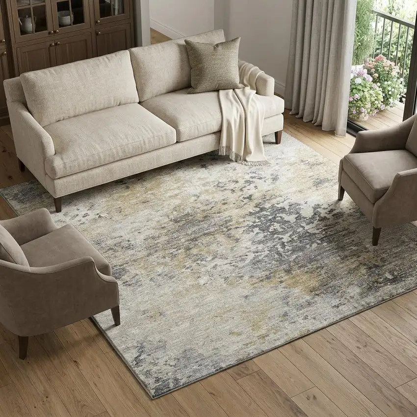 Midnight Ivory And Beige Abstract Washable Area Rug With UV Protection Photo 1