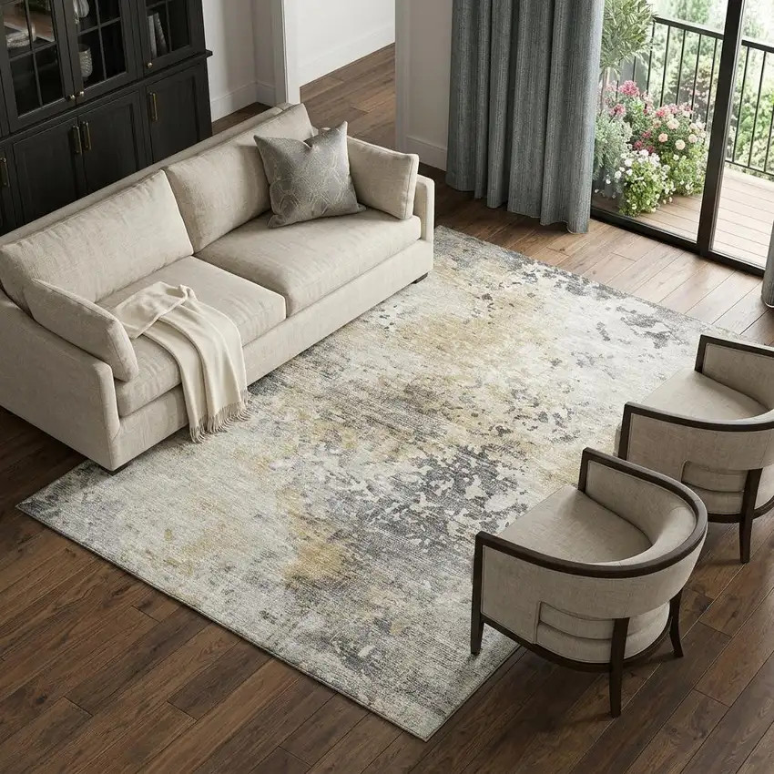 Midnight Ivory And Beige Abstract Washable Area Rug With UV Protection Photo 1