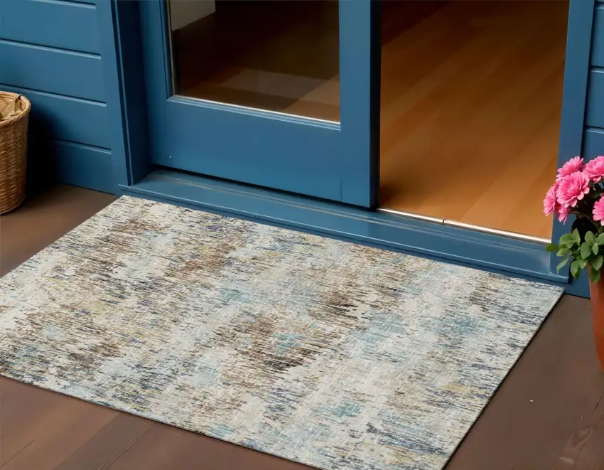 Midnight Ivory And Beige Abstract Washable Indoor Outdoor Area Rug Photo 1