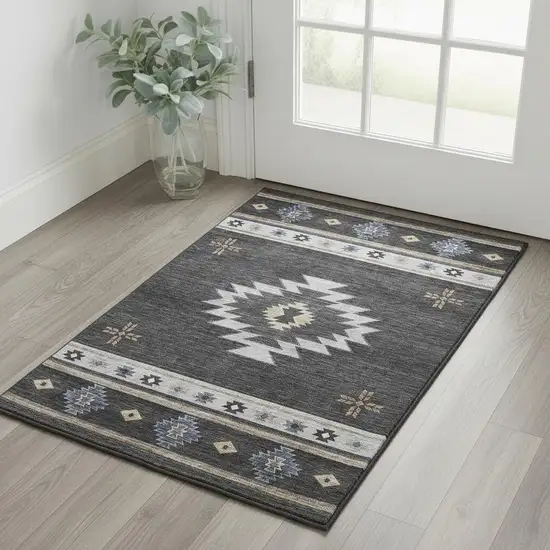 Midnight Ivory And Beige Geometric Washable Area Rug With UV Protection Photo 4