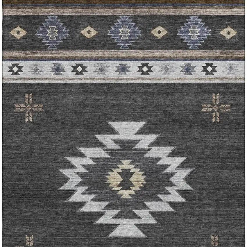 Midnight Ivory And Beige Geometric Washable Area Rug With UV Protection Photo 6