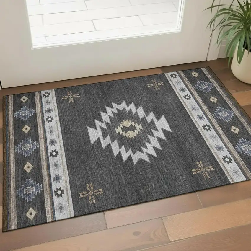 Midnight Ivory And Beige Geometric Washable Area Rug With UV Protection Photo 1