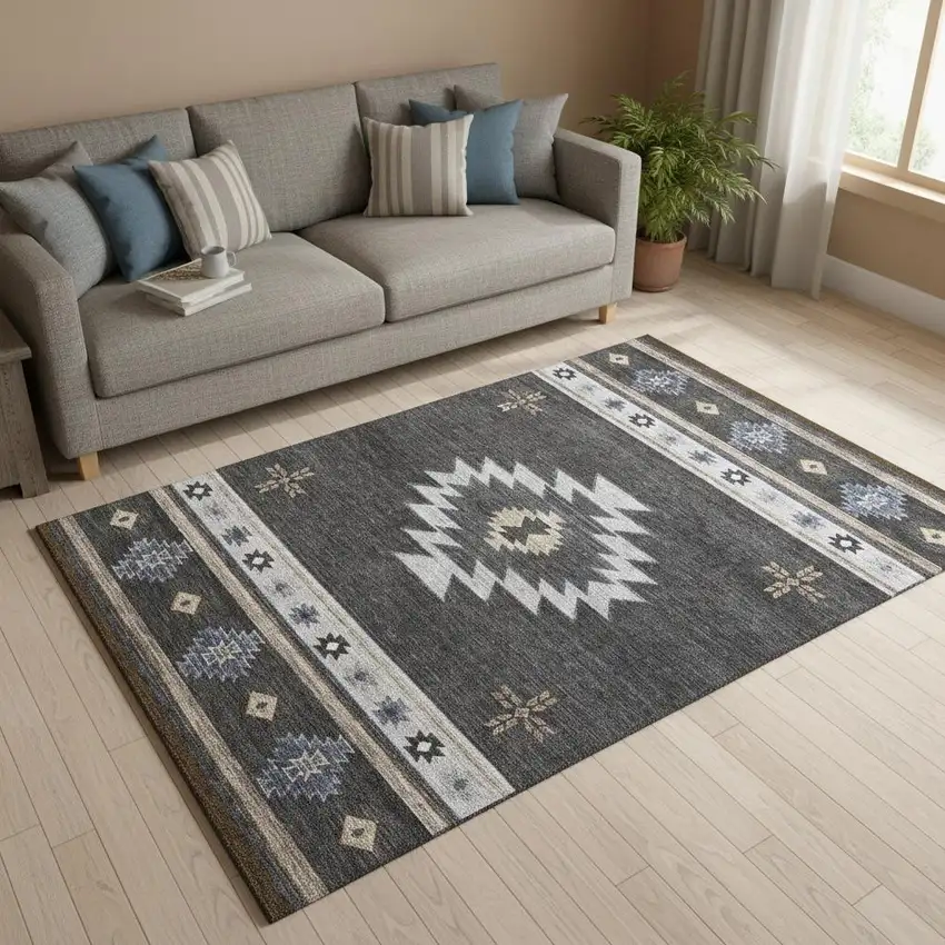 Midnight Ivory And Beige Geometric Washable Area Rug With UV Protection Photo 1