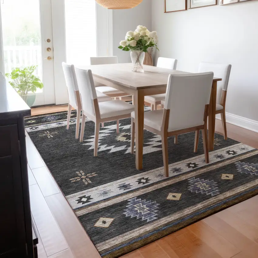 Midnight Ivory And Beige Geometric Washable Area Rug With UV Protection Photo 7