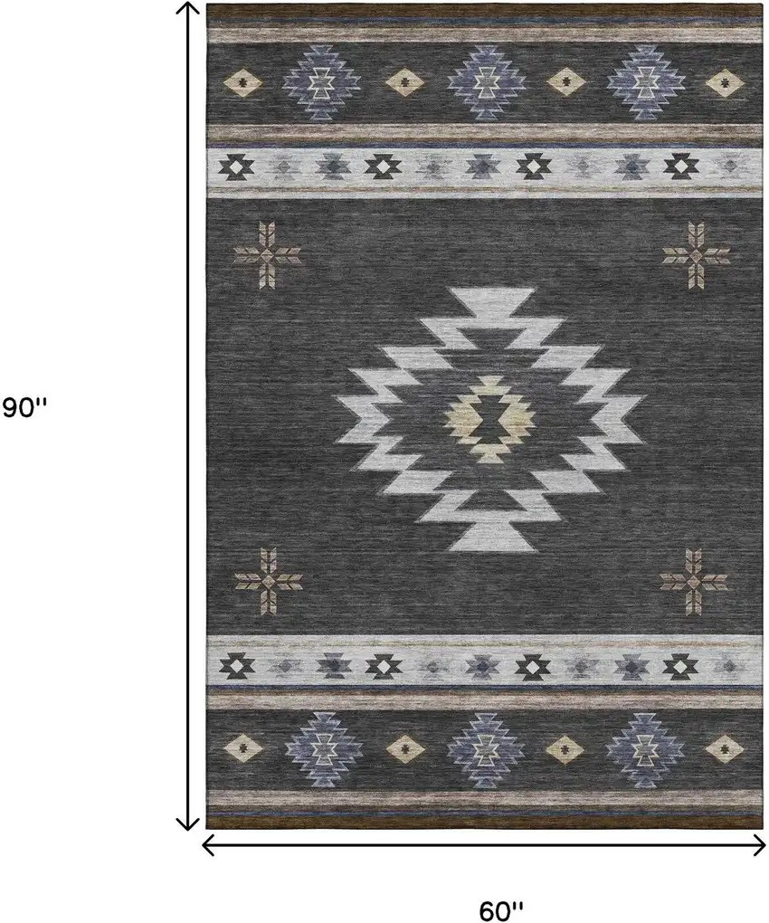 Midnight Ivory And Beige Geometric Washable Area Rug With UV Protection Photo 3